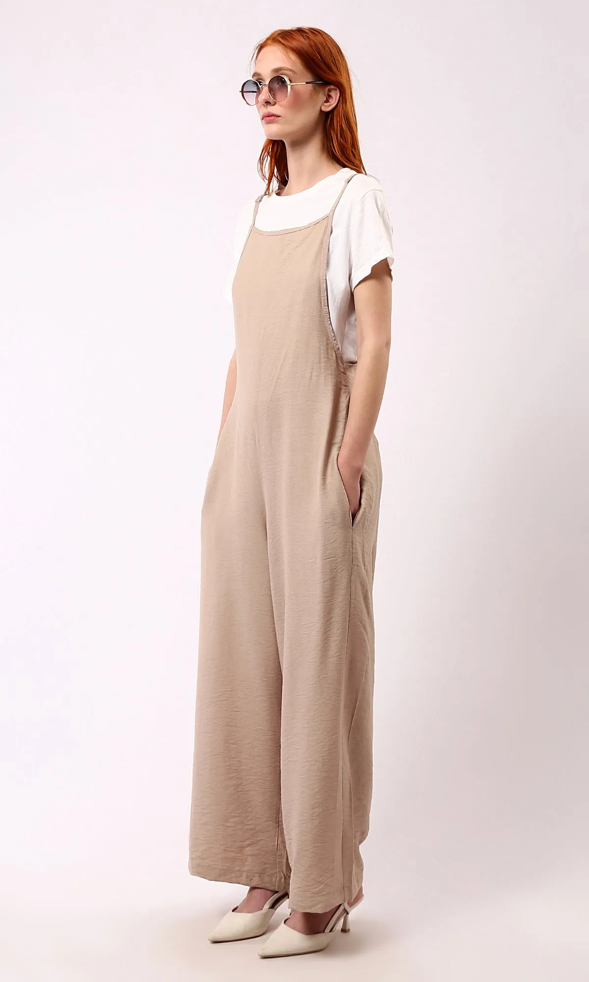 O181650 Square Neck Sleeveless Trendy Relaxed Jumpsuit - Light Coffee