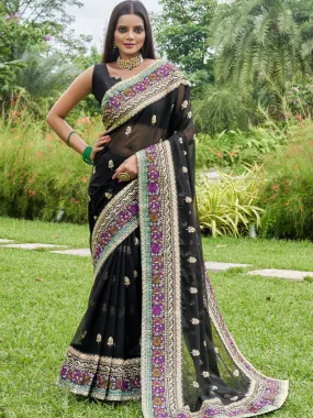 Odette Black Georgette Embroidered Saree with Unstitched Blouse for Women