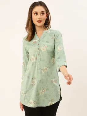 Odette  Green Printed Rayon Stitched Short Kurta For Women