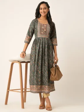 Odette Grey Rayon Printed Stitched Kurta for Women