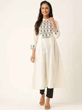 Odette Off White Cotton Printed Stitched Kurta for Women