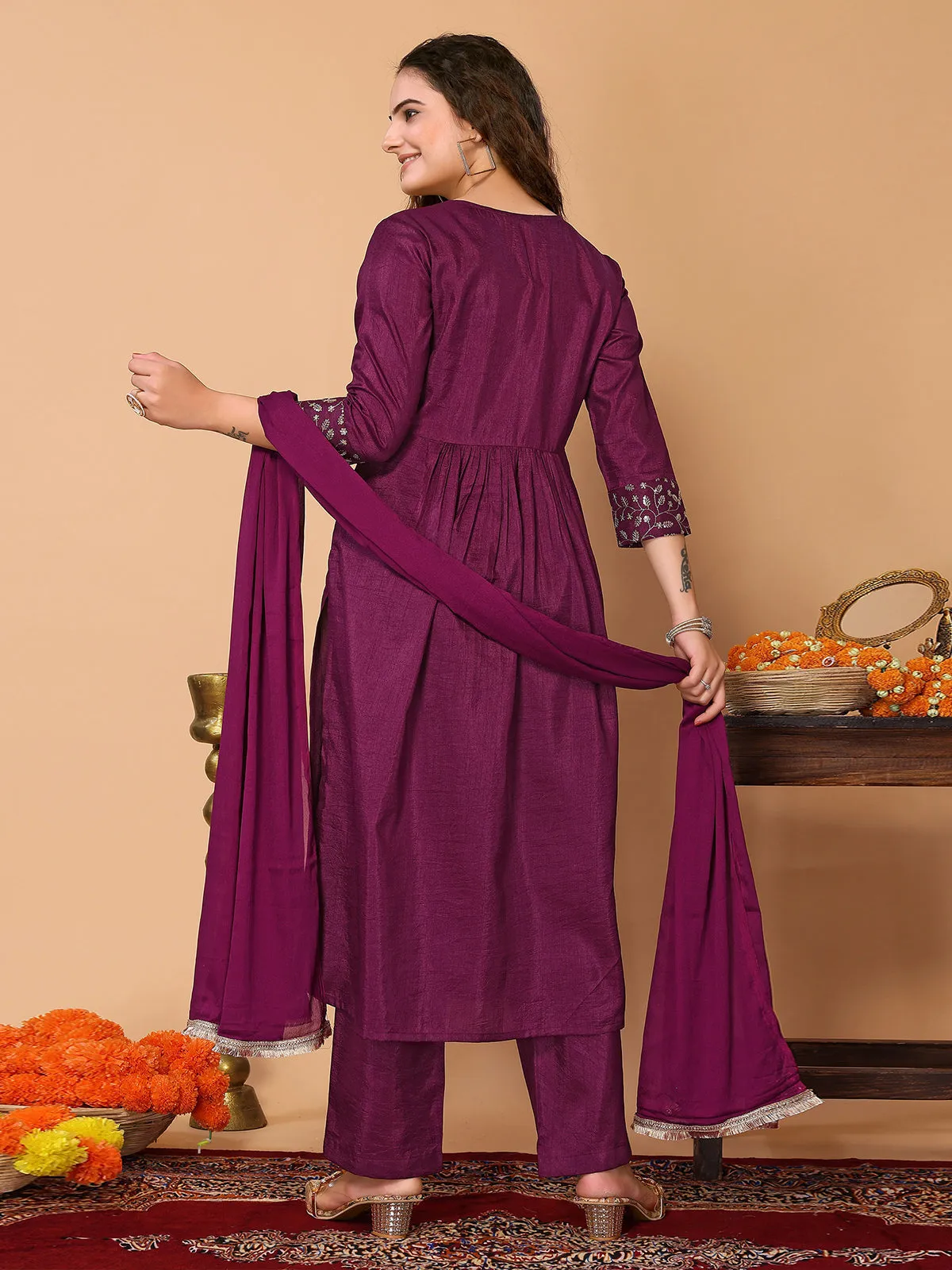 Odette Purple Silk Blend Embroidered Stitched Kurta set for Women