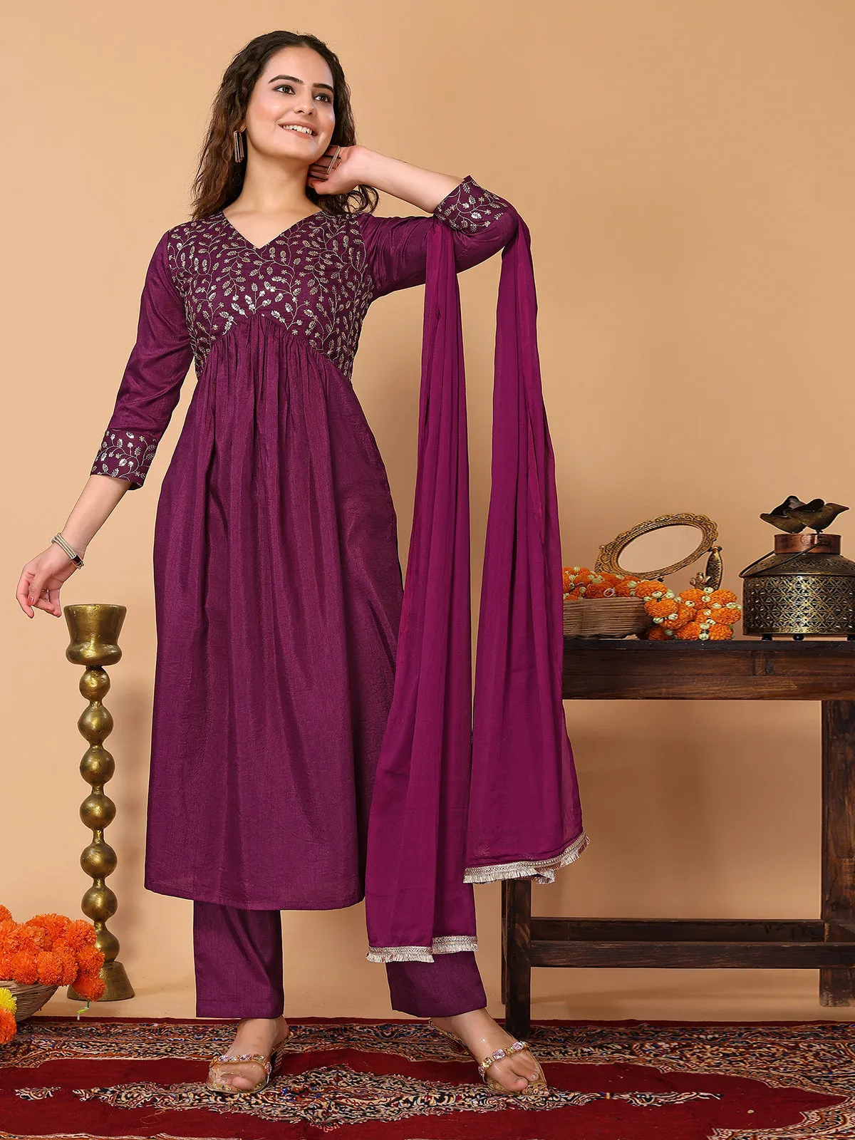 Odette Purple Silk Blend Embroidered Stitched Kurta set for Women