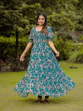 Odette Teal Georgette Stitched Printed Indo Western Dress For Women