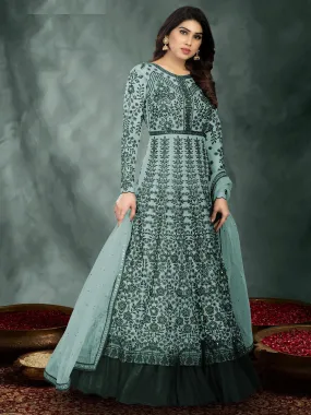 Odette Women Dark Green Colored Partywear Embroidered Netted Semi Stitched Anarkali Sui