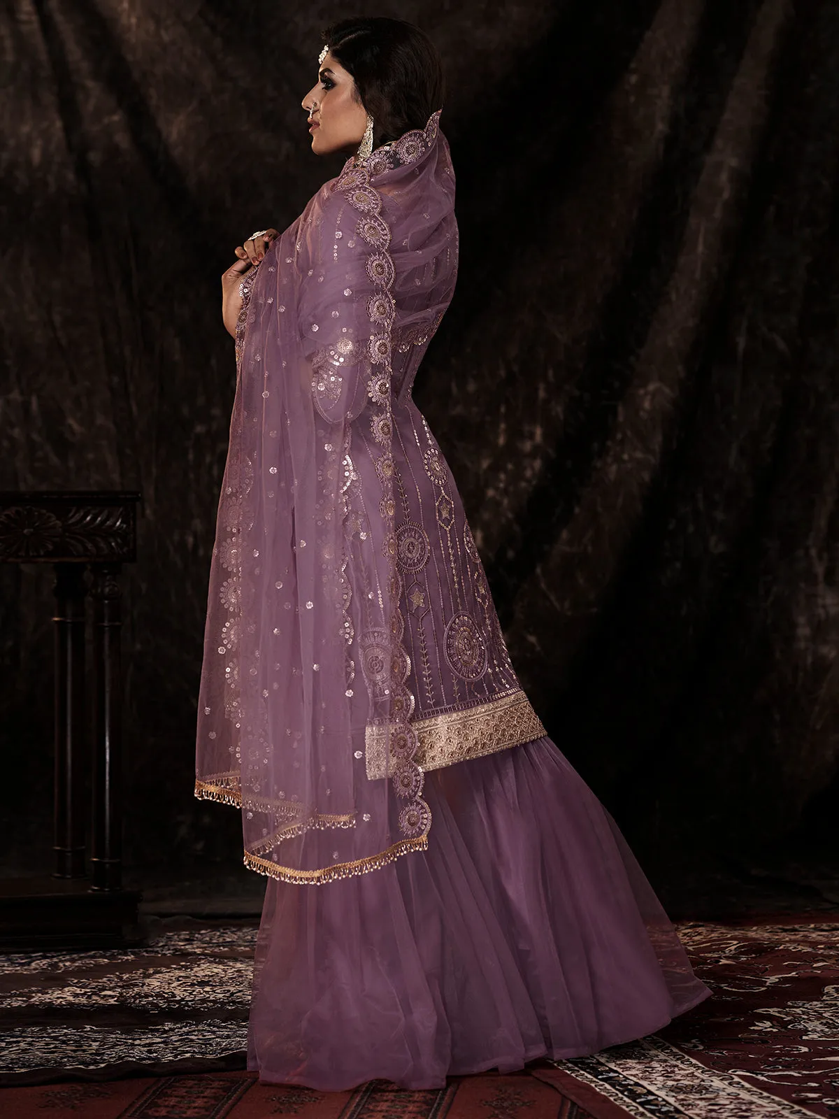 Odette Women Gorgeous Purple Soft Net Semi Stitched Kurta Set