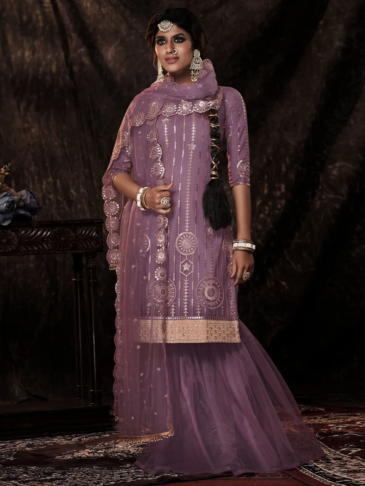 Odette Women Gorgeous Purple Soft Net Semi Stitched Kurta Set