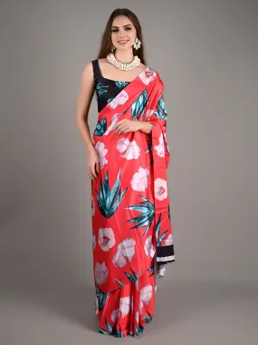 Odette Women Red Satin Crepe Printed Saree With Unstitched Blouse