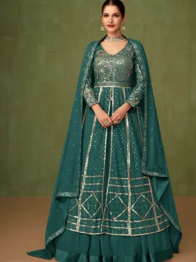 Odette Women Teal Embroidered Georgette A-Line Semi-Stitched Anarkali Suit