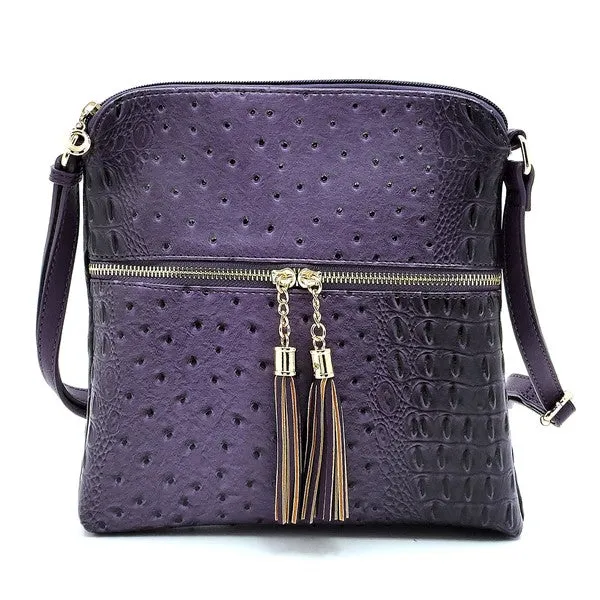 Ostrich Croc Zip Tassel Crossbody Bag