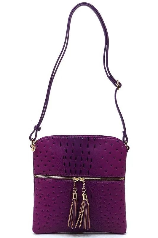 Ostrich Croc Zip Tassel Crossbody Bag