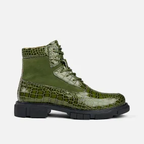 Otis Green Crocskin Leather Combat Boots