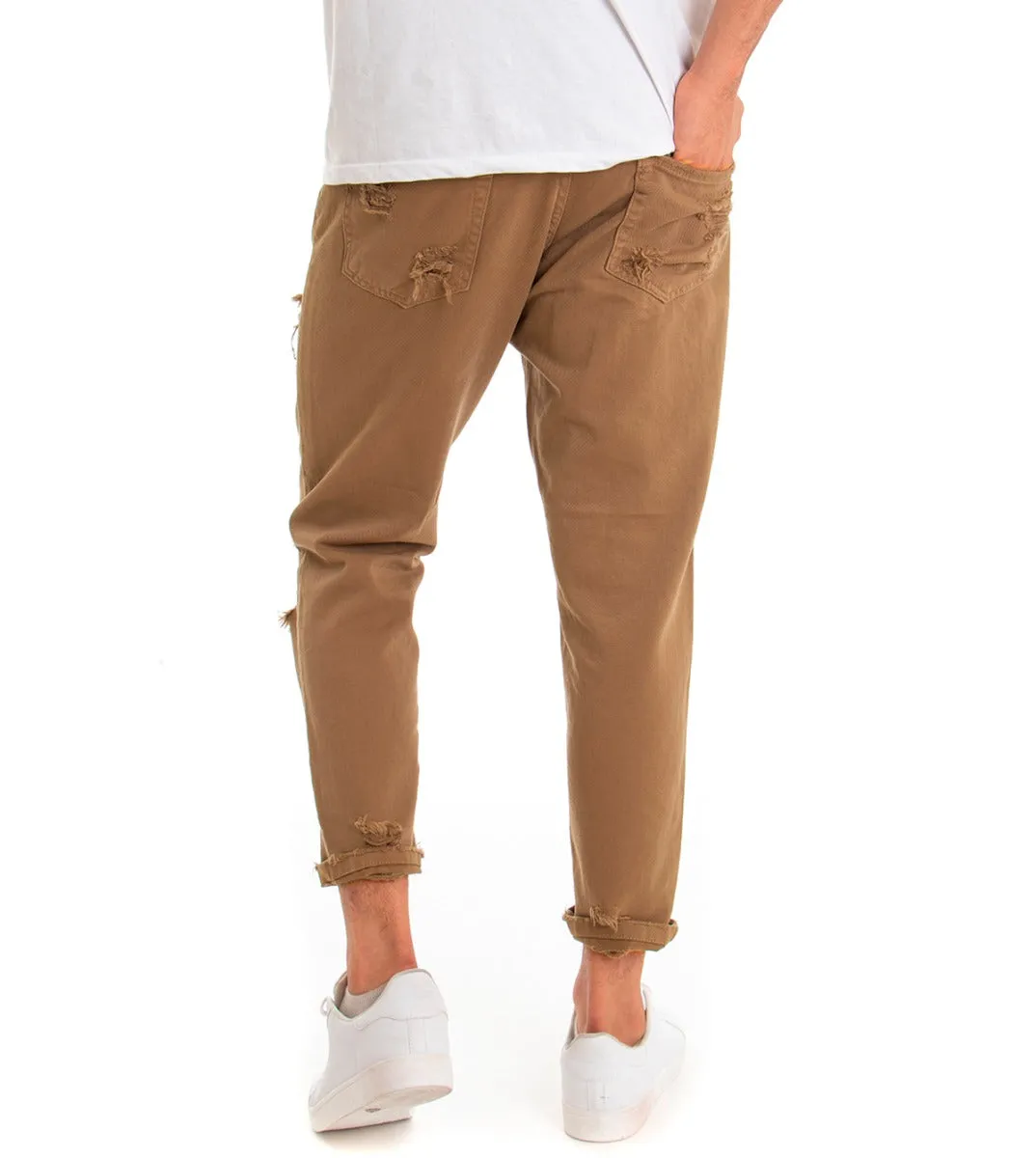 Pantaloni Jeans Uomo Loose Fit Camel Con Rotture Cinque Tasche Casual GIOSAL-P3279A