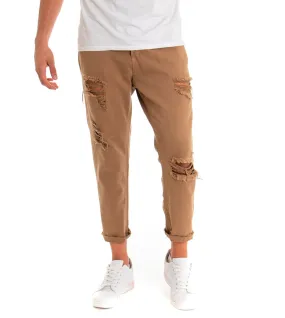 Pantaloni Jeans Uomo Loose Fit Camel Con Rotture Cinque Tasche Casual GIOSAL-P3279A