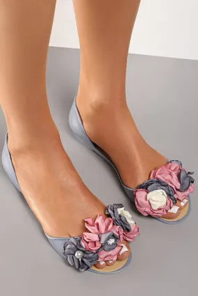 Peep Toe Flower Applique Strap Flat Shoes