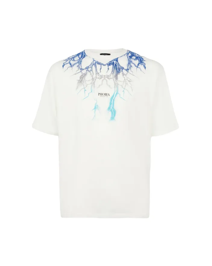 Phobia White unisex t-shirt with blue gray light blue lightning PH00107BLGRLB