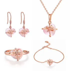 Pink Cat's Eye Heart Necklace, Bracelet, Earrings & Ring Wedding Jewelry Set