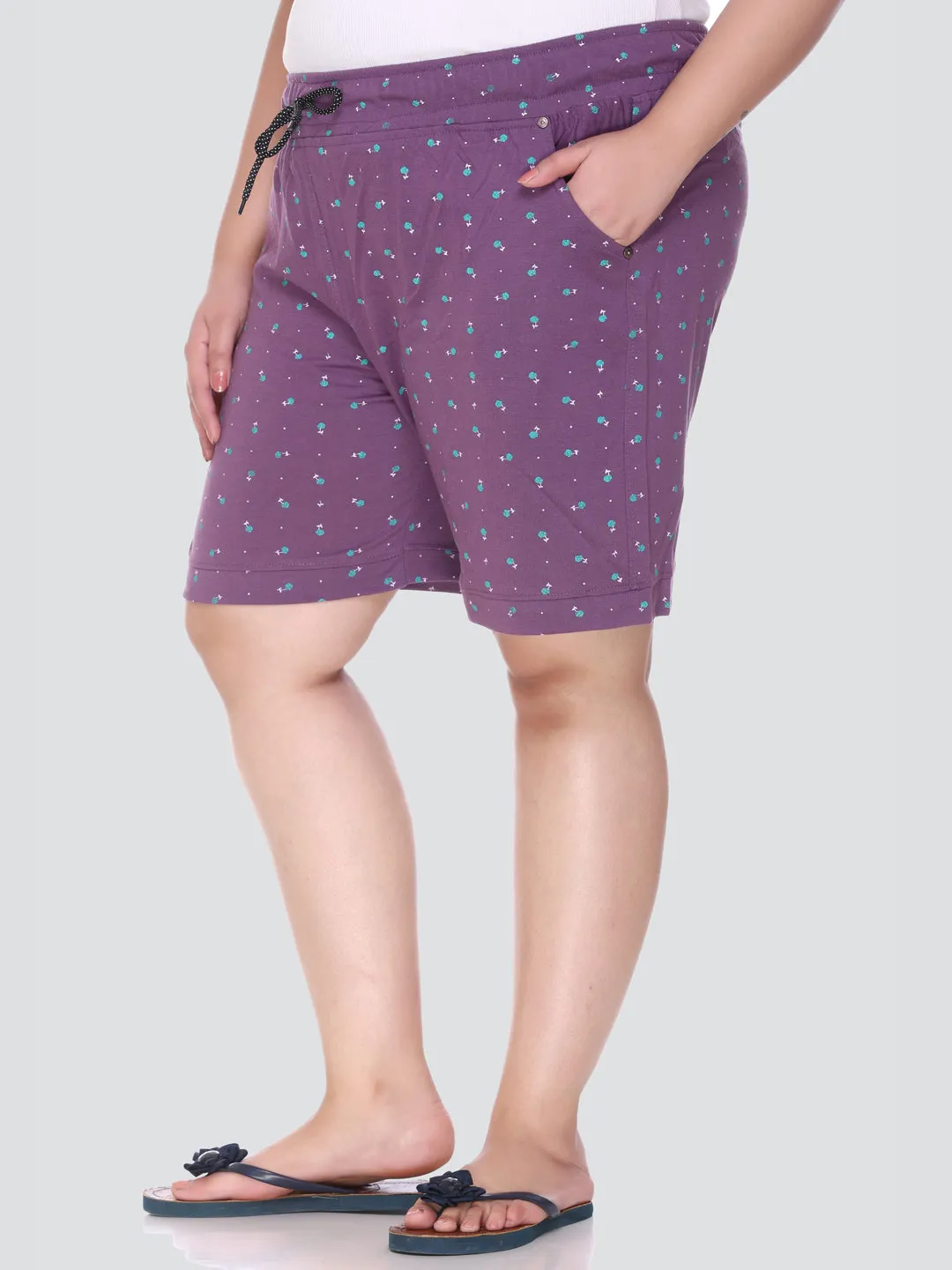 Plus Size Cotton Shorts For Women - Printed Bermuda - Purple