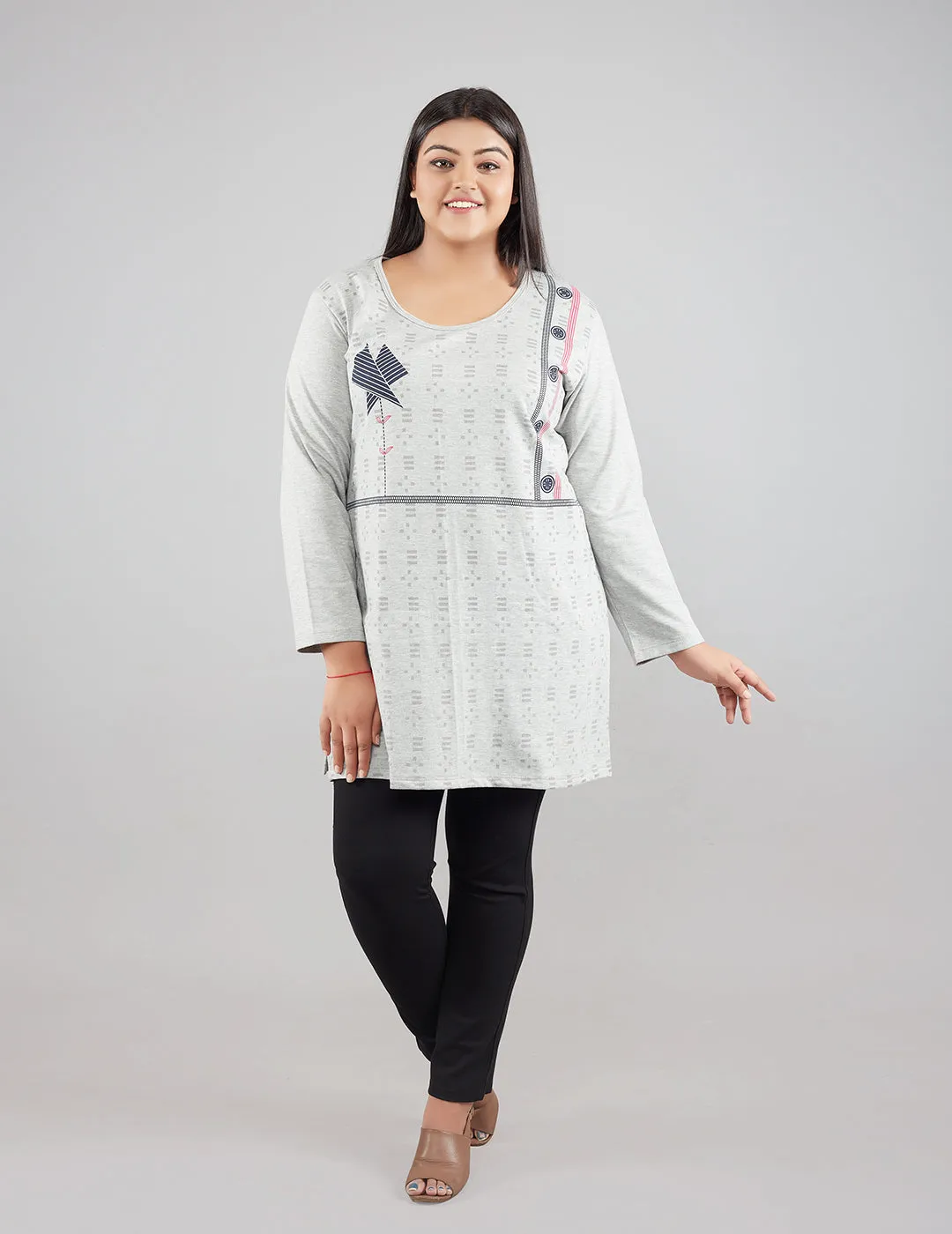 Plus Size Printed Long Tops For Women Full Sleeves - Pack of 2 (Wine & Grey)