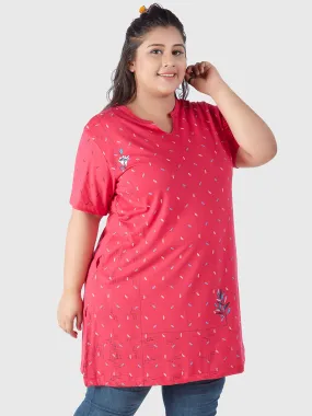 Plus Size Printed Long Tops For Women Half Sleeves - Pink