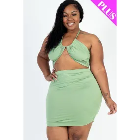 Plus Size Sexy Solid Crisscross Halter Top & Ruched Mini Skirt Set