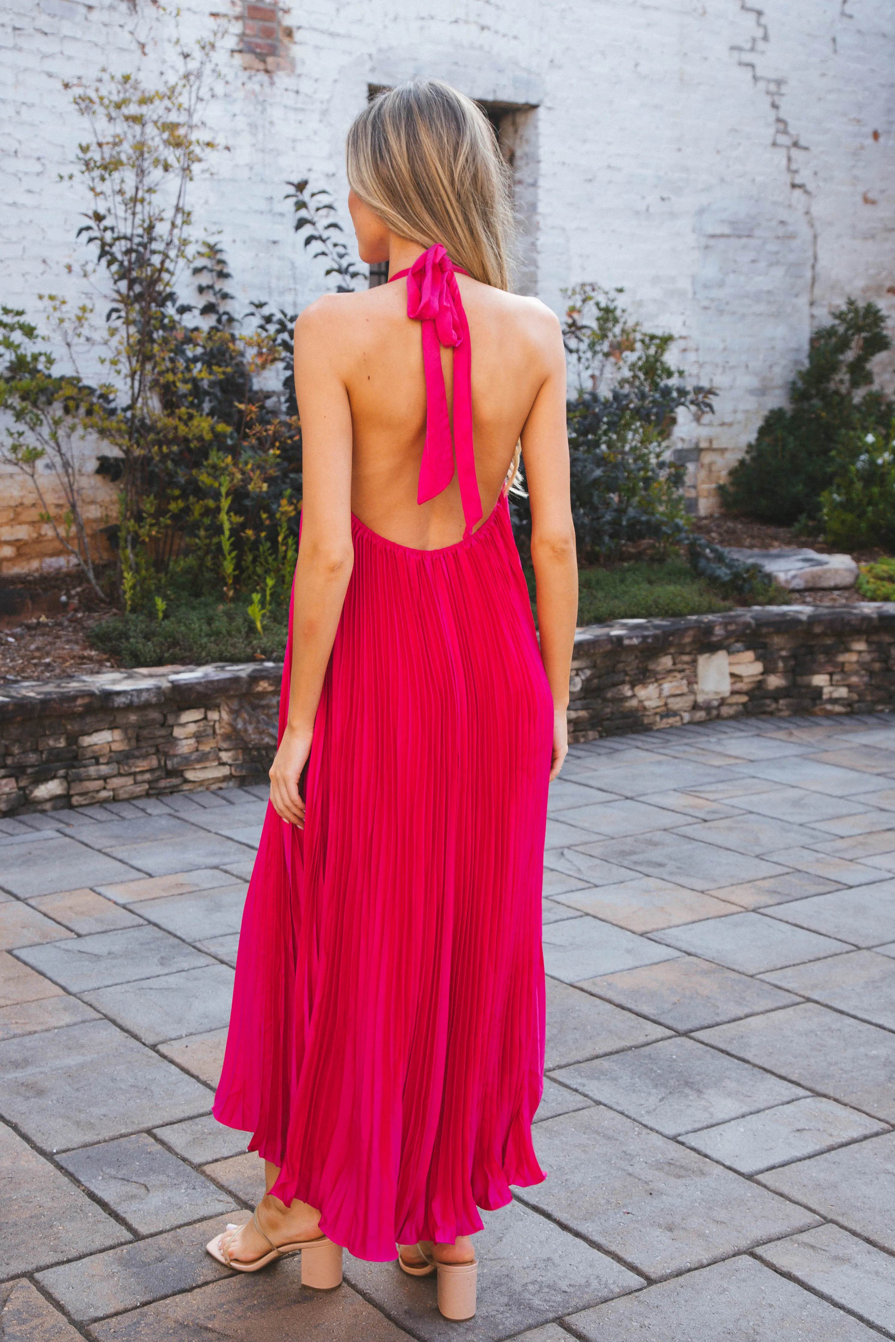 Polly Pleated Long Dress, Fuchsia