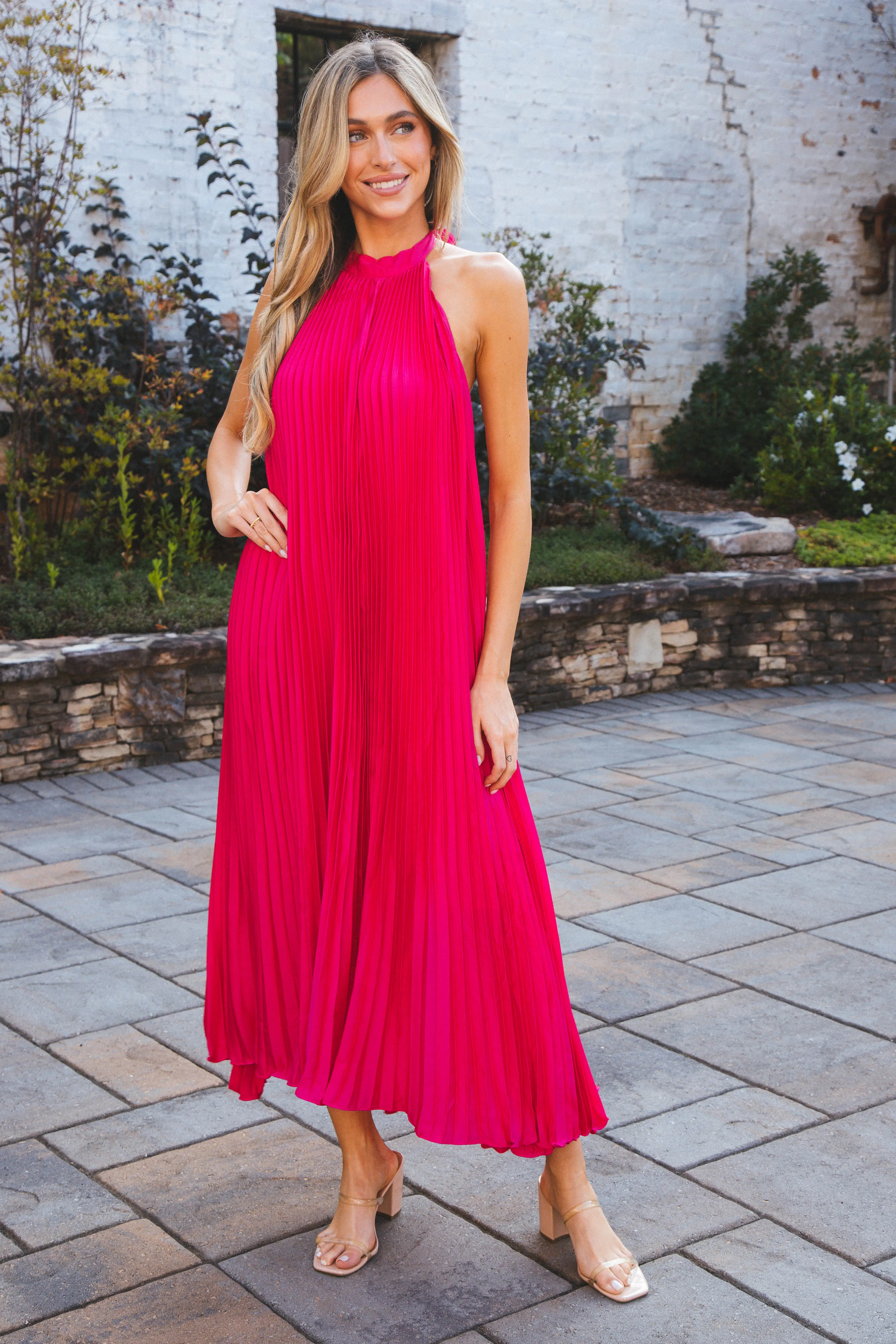 Polly Pleated Long Dress, Fuchsia