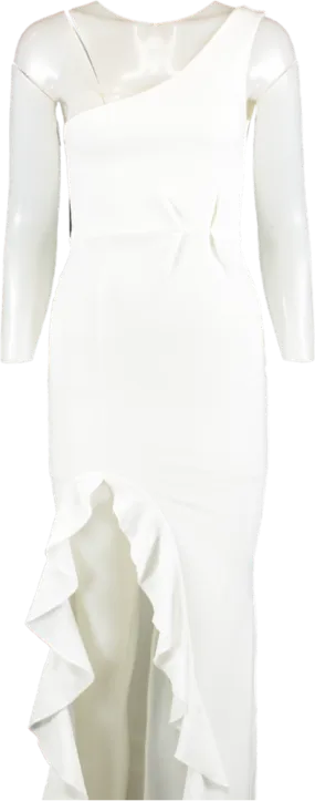 PrettyLittleThing White One Shoulder Ruffle Hem Maxi Dress UK 8