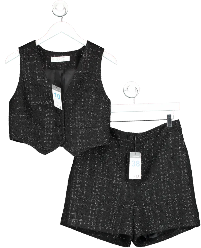 Primark Black Shimmery Tweed Skirt And Waistcoat Set UK 10