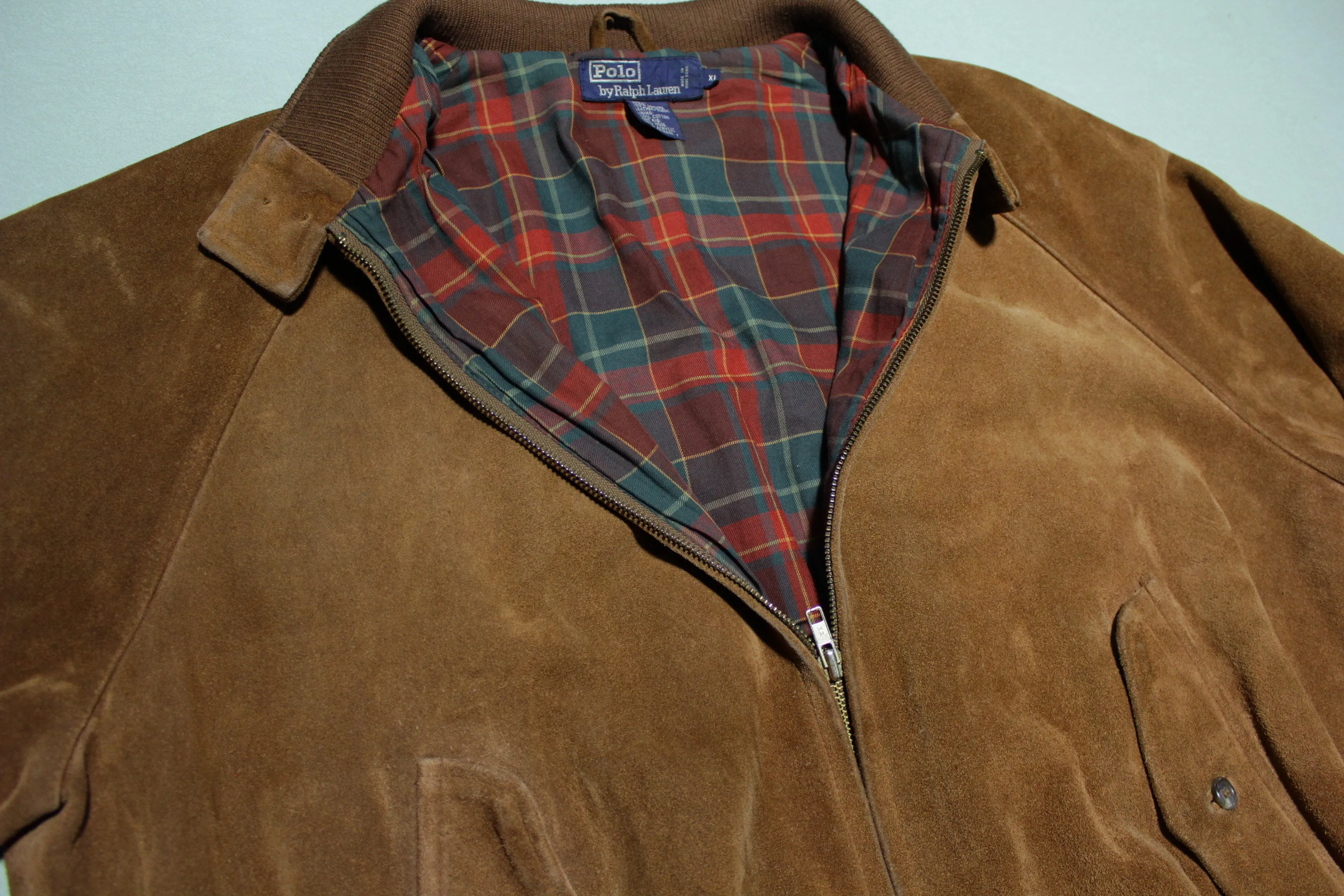 Ralph Lauren Polo Country Brown Vintage Plaid Lined Suede Leather Bomber Jacket