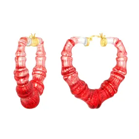 Red Lucite Heart Bamboo Hoop Earrings