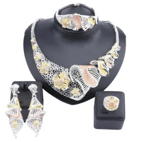 Retro Flower Crystal Necklace, Bracelet, Earrings & Ring Wedding Statement Jewelry Set