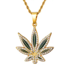 Rhinestone-Studded Leaf Bling Rope Chain Hip-hop Pendant Necklace