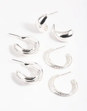 Rhodium Mixed Textured Thick Earrings Pack