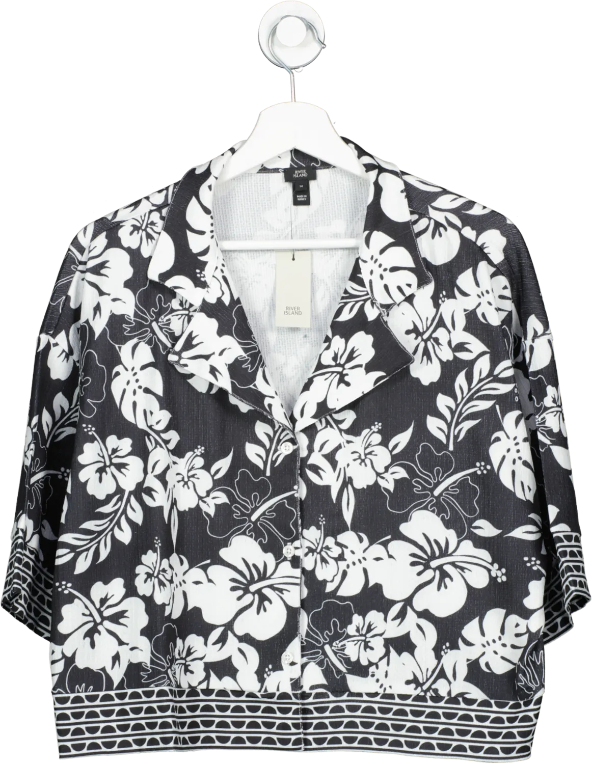 River Island Black Monochrome Flower Print Cropped Shirt UK 14