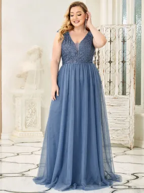 Robe de Soirée Longue Grande Taille à Paillettes et Col en V Profond