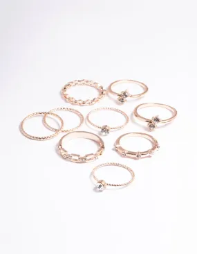 Rose Gold Crystal Chain Ring Pack