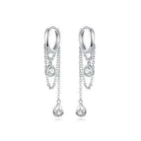 Round Geometric Chain Cubic Zirconia Water Drop Sterling Silver Fashion Dangle Earrings