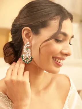 Rubans Regal Radiance Rhodium-Plated AD and Emerald Statement drop Earrings - Timeless Elegance