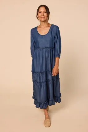 Sabre Frill 3/4 Sleeve Maxi Tencel Dress in Mid Wash