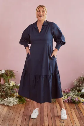 Sabre V-Neck Poplin Dress in Navy