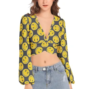 Smiley Face Women's Deep V-Neck Lantern Sleeve Crop Top