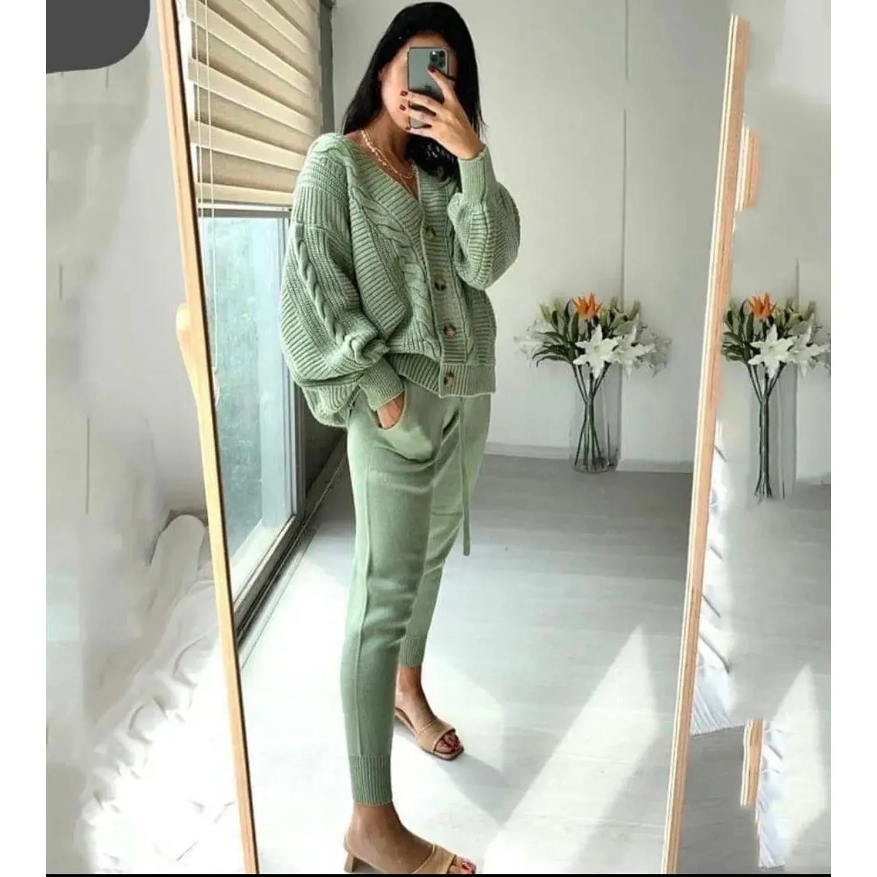 Solid Color Woolen Top and Pant Set