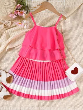 Spring and Summer Rose Belt Top Pleated Cake Skirt Girls Suit