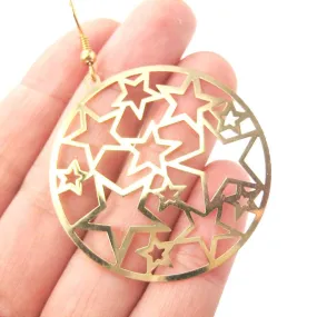 Star Outline Cut Out Round Disk Shaped Dangle Drop Earrings in Gold | DOTOLY