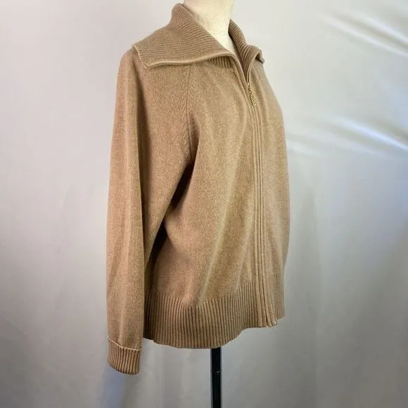 St. John Tan Zip High Neck Cashmere Sweater for Women - Luxurious Softness and Elegant Style