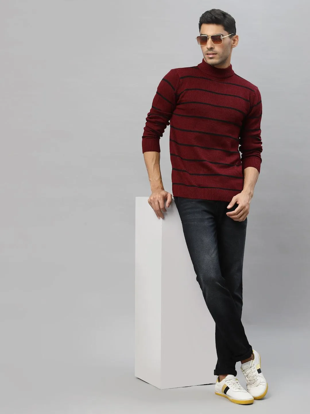 Style Quotient Men Maroon & Black Striped Pullover