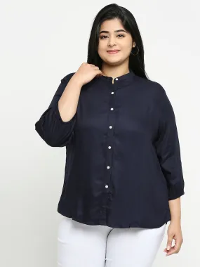 Style Quotient Plus Women Solid Navy Blue Viscose Rayon Formal Shirt