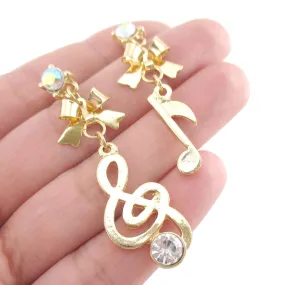 Treble Clef and Quaver Note Shaped Music Themed Drop Stud Earrings in Gold