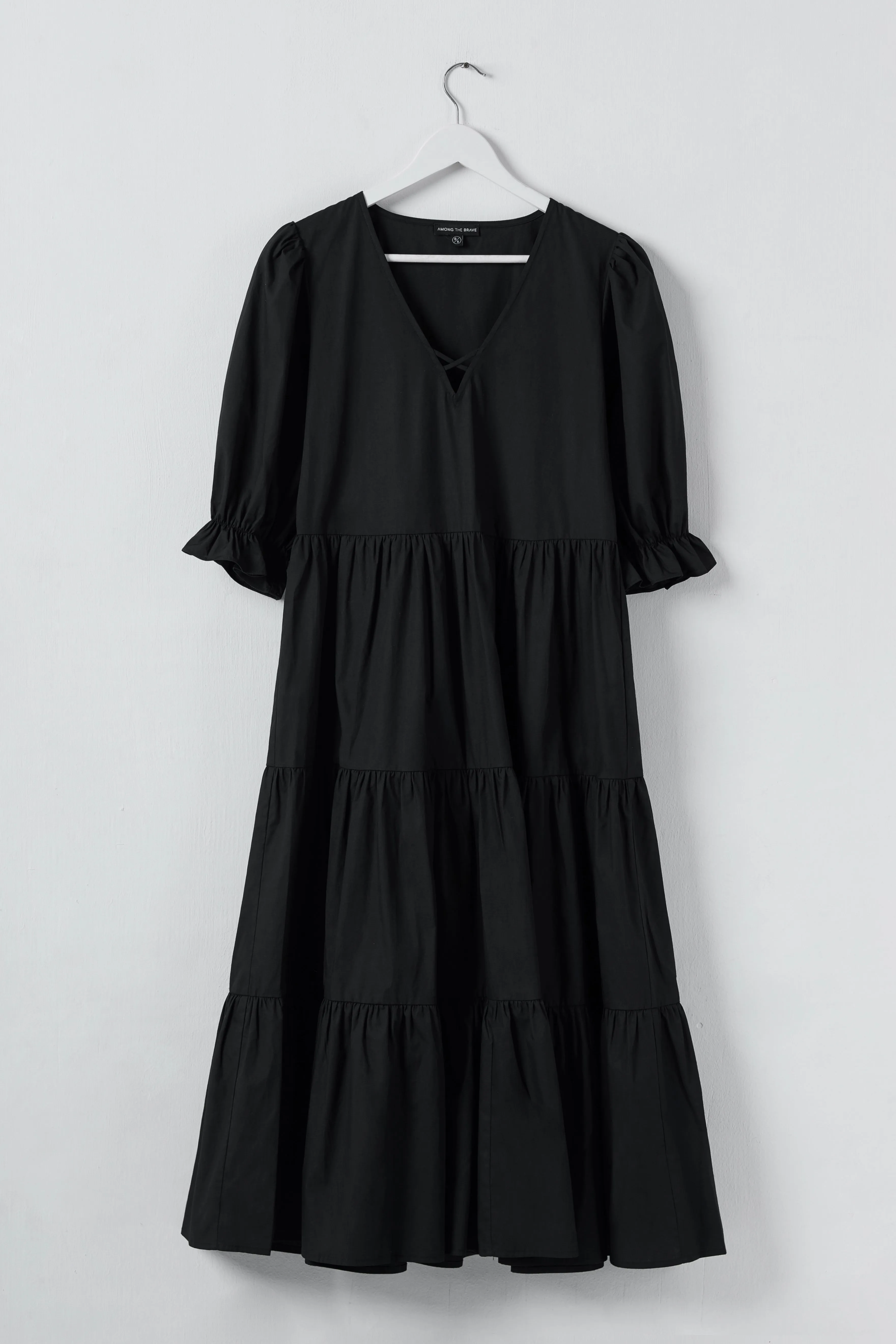 True Love Black Cotton V Neck SS Puff Sleeve Tiered Maxi Dress